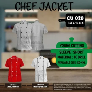 READY STOCK SHORT SLEEVE CHEF JACKET YOUNG CUTTING (CU 020, CU 023, CU 047)