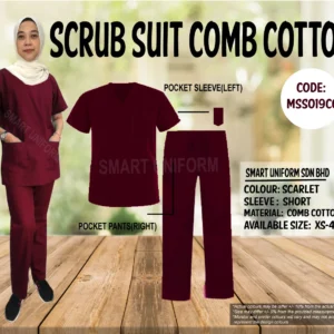 MSS019CC- READY STOCK MEDICAL SCRUB SUIT COMB COTTON- SCARLET